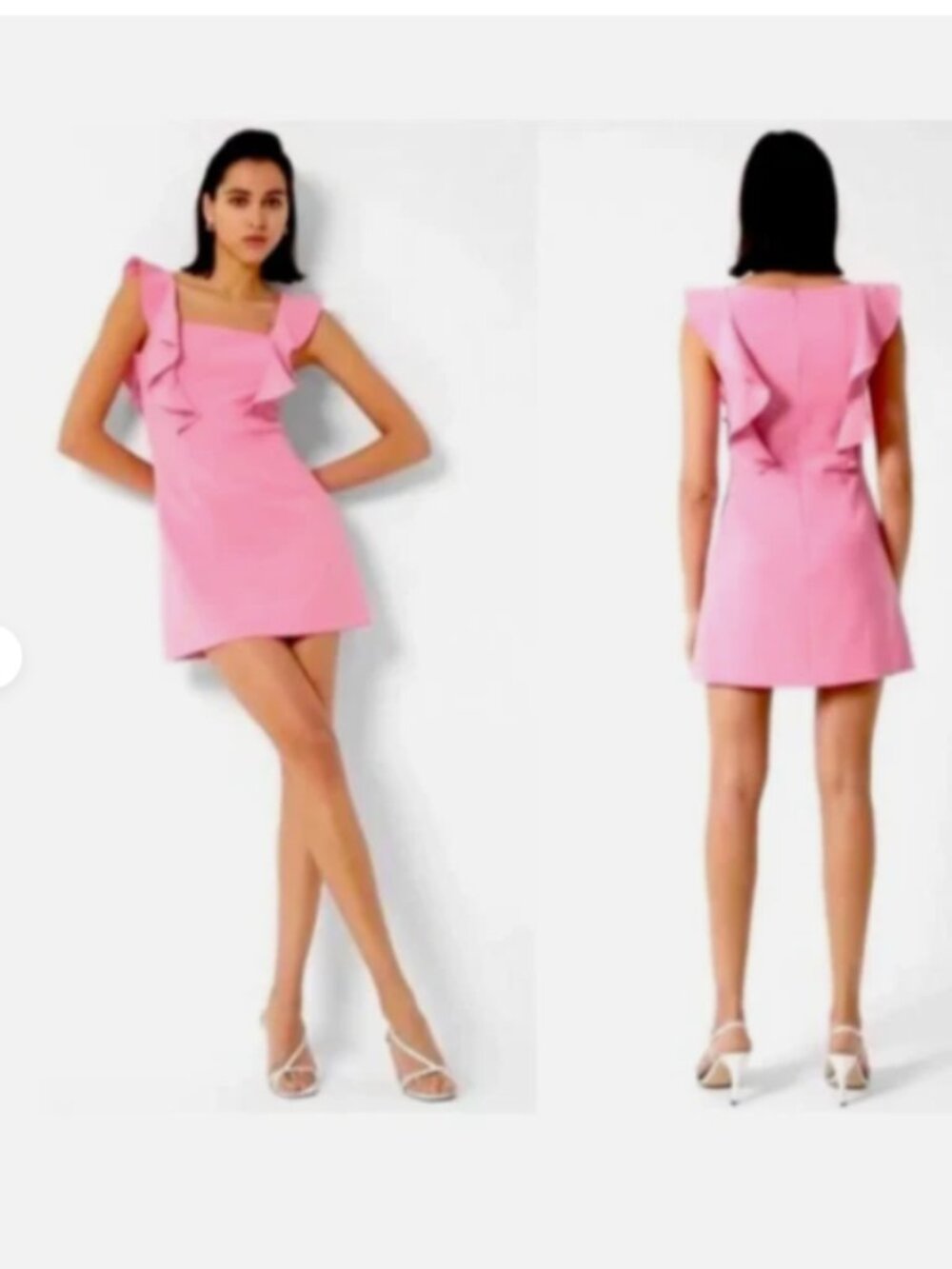 French Connection Whisper Square Neck Ruffle Mini Dress Barbie Pink – Size 10